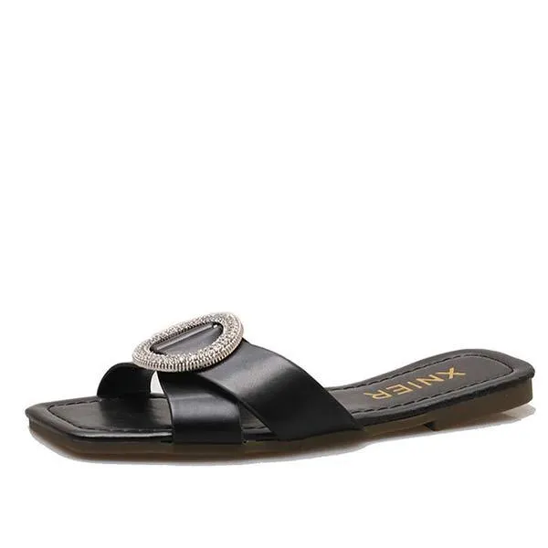 Women's Rhinestone Round Buckle Flat Sandals 06572710C