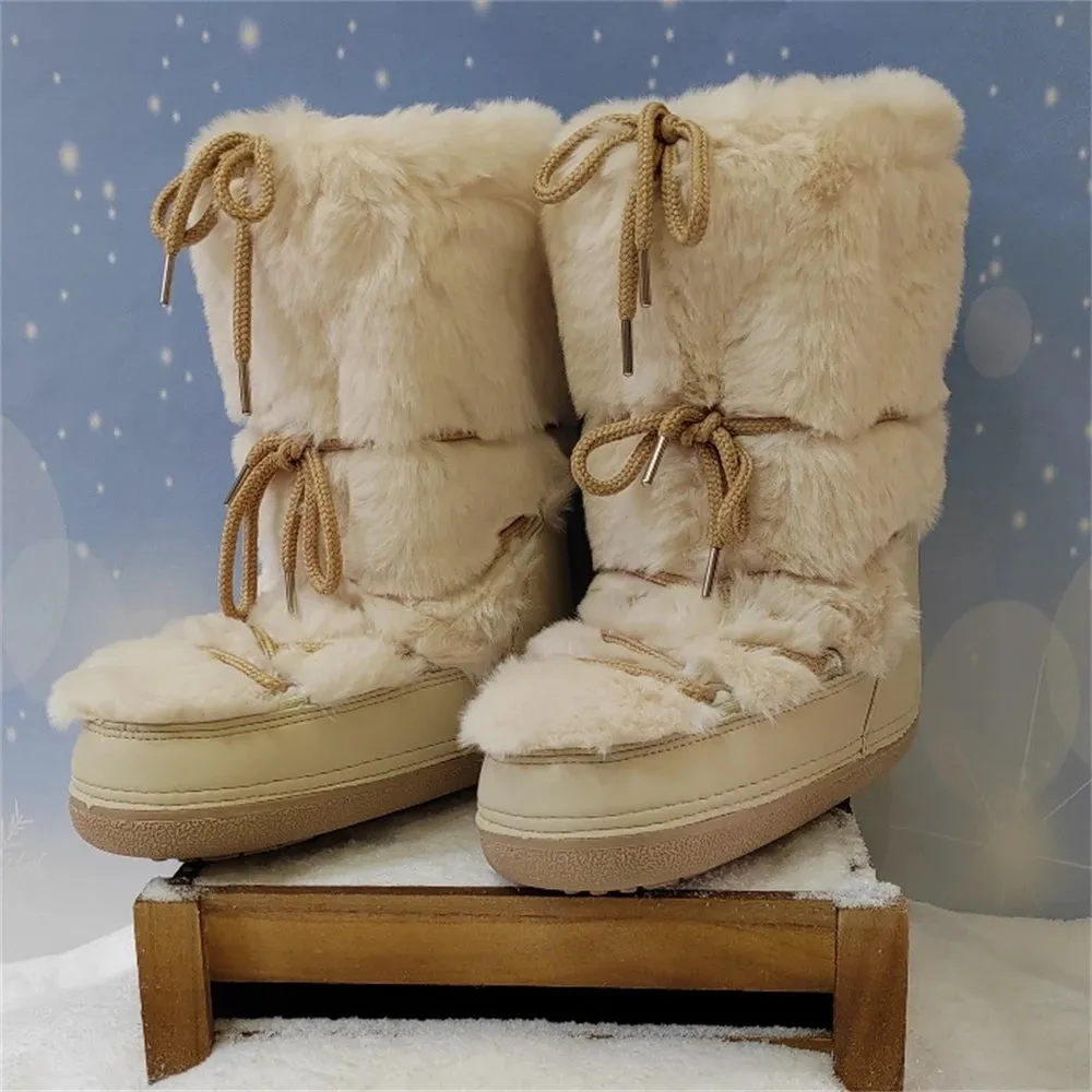 Women's White Faux Fur Mid-Calf Winter Boots – 2024 Fluffy Platform Snow & Ski Boots, Waterproof