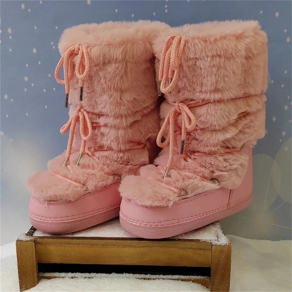 Women's White Faux Fur Mid-Calf Winter Boots – 2024 Fluffy Platform Snow & Ski Boots, Waterproof