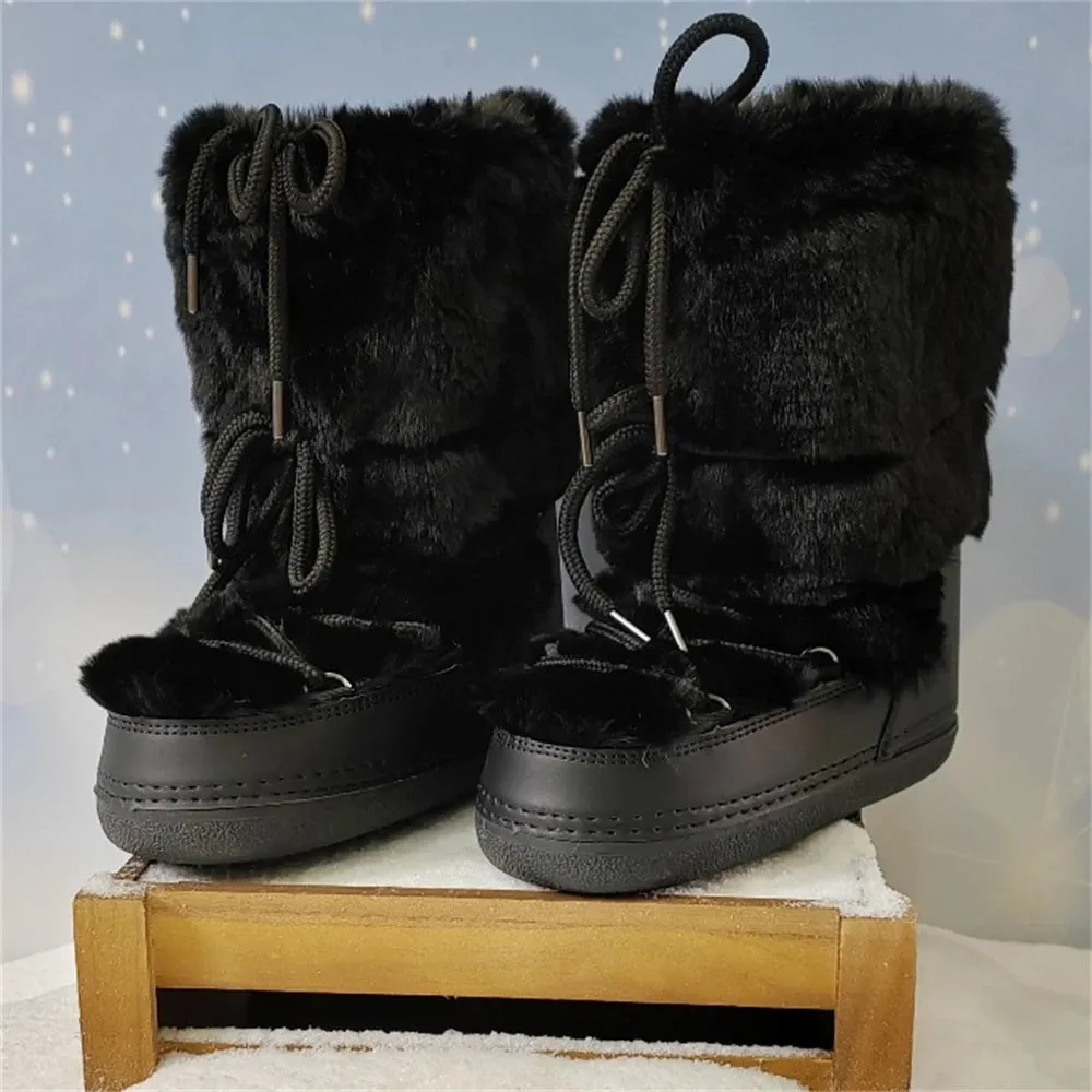 Women's White Faux Fur Mid-Calf Winter Boots – 2024 Fluffy Platform Snow & Ski Boots, Waterproof