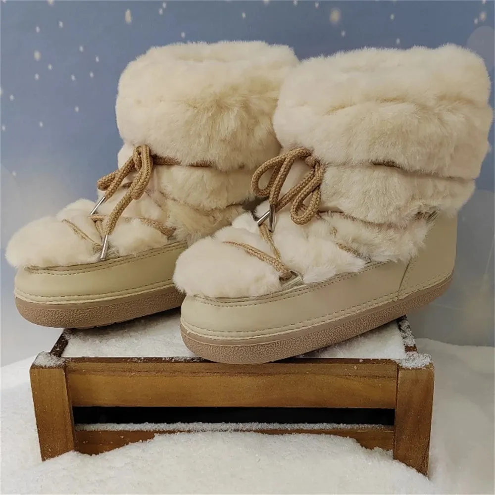 Women's White Faux Fur Mid-Calf Winter Boots – 2024 Fluffy Platform Snow & Ski Boots, Waterproof