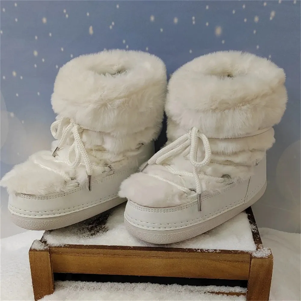 Women's White Faux Fur Mid-Calf Winter Boots – 2024 Fluffy Platform Snow & Ski Boots, Waterproof
