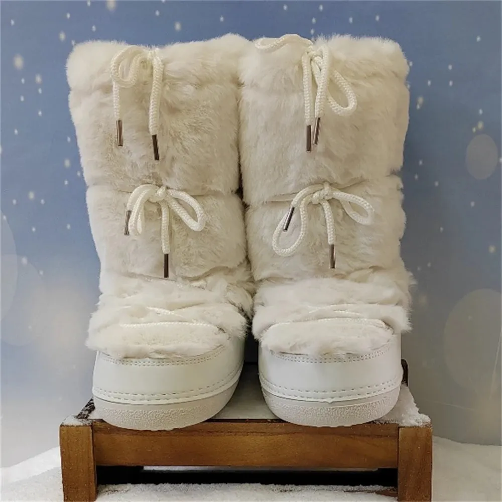 Women's White Faux Fur Mid-Calf Winter Boots – 2024 Fluffy Platform Snow & Ski Boots, Waterproof