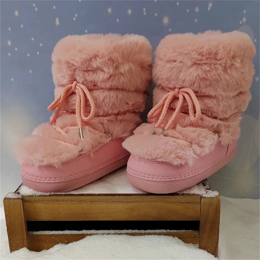 Women's White Faux Fur Mid-Calf Winter Boots – 2024 Fluffy Platform Snow & Ski Boots, Waterproof