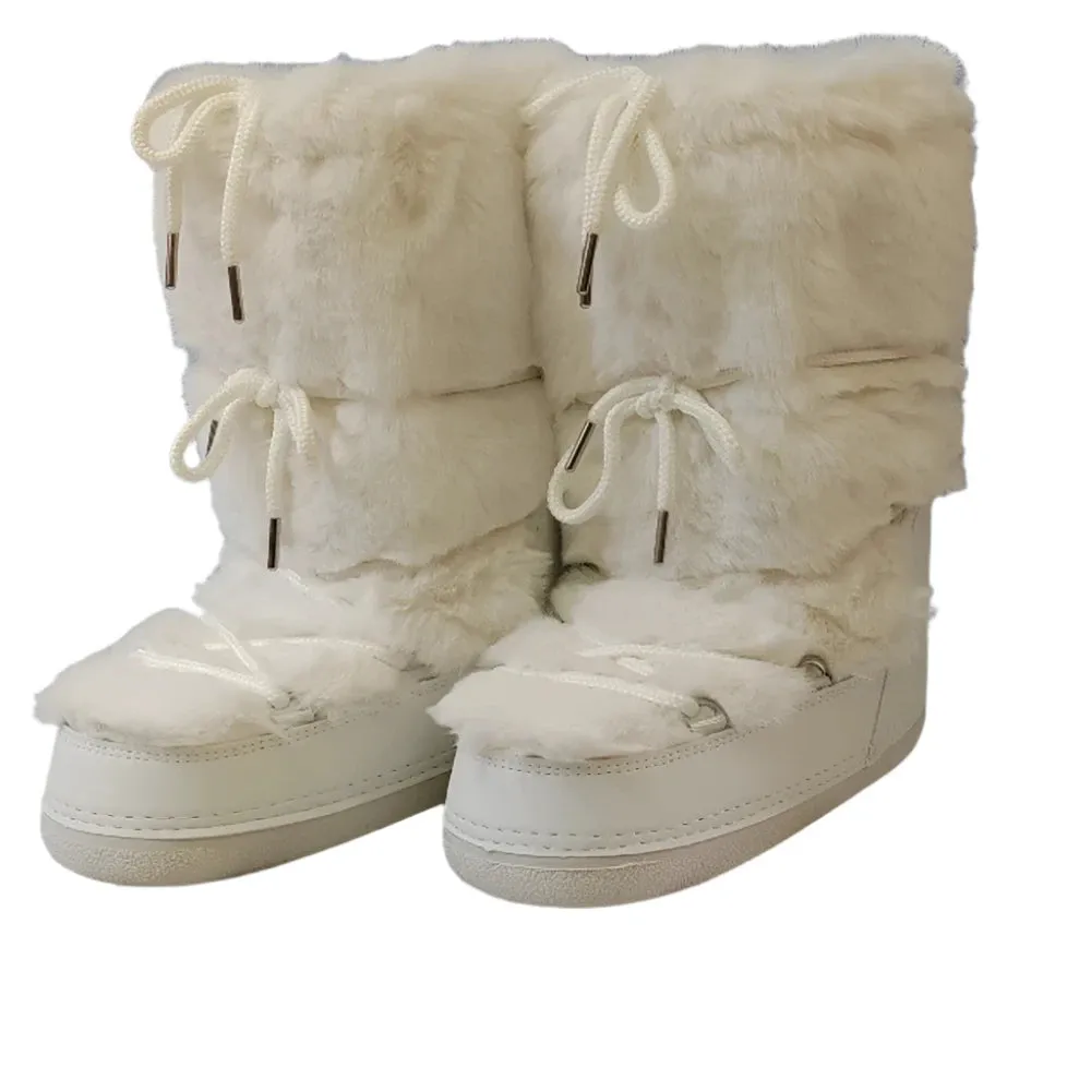 Women's White Faux Fur Mid-Calf Winter Boots – 2024 Fluffy Platform Snow & Ski Boots, Waterproof