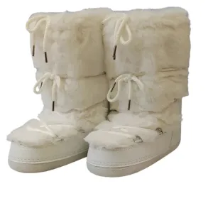 Women's White Faux Fur Mid-Calf Winter Boots – 2024 Fluffy Platform Snow & Ski Boots, Waterproof